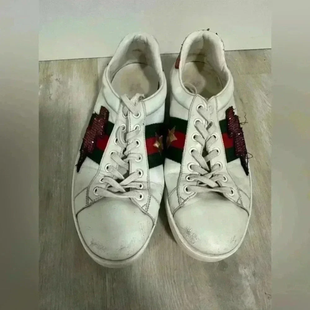 Gucci White Leather And‎ Crystal Embellished Lightning Bolt Ace Low Top Sneakers - Picture 7 of 7